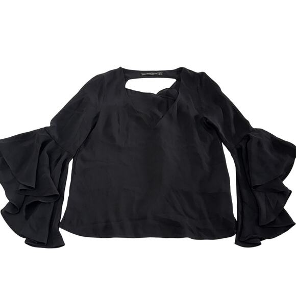Zara Blouse Womens XS Black Ruffle Sleeve Chiffon Top Draped Back Whimsygoth - Picture 1 of 7